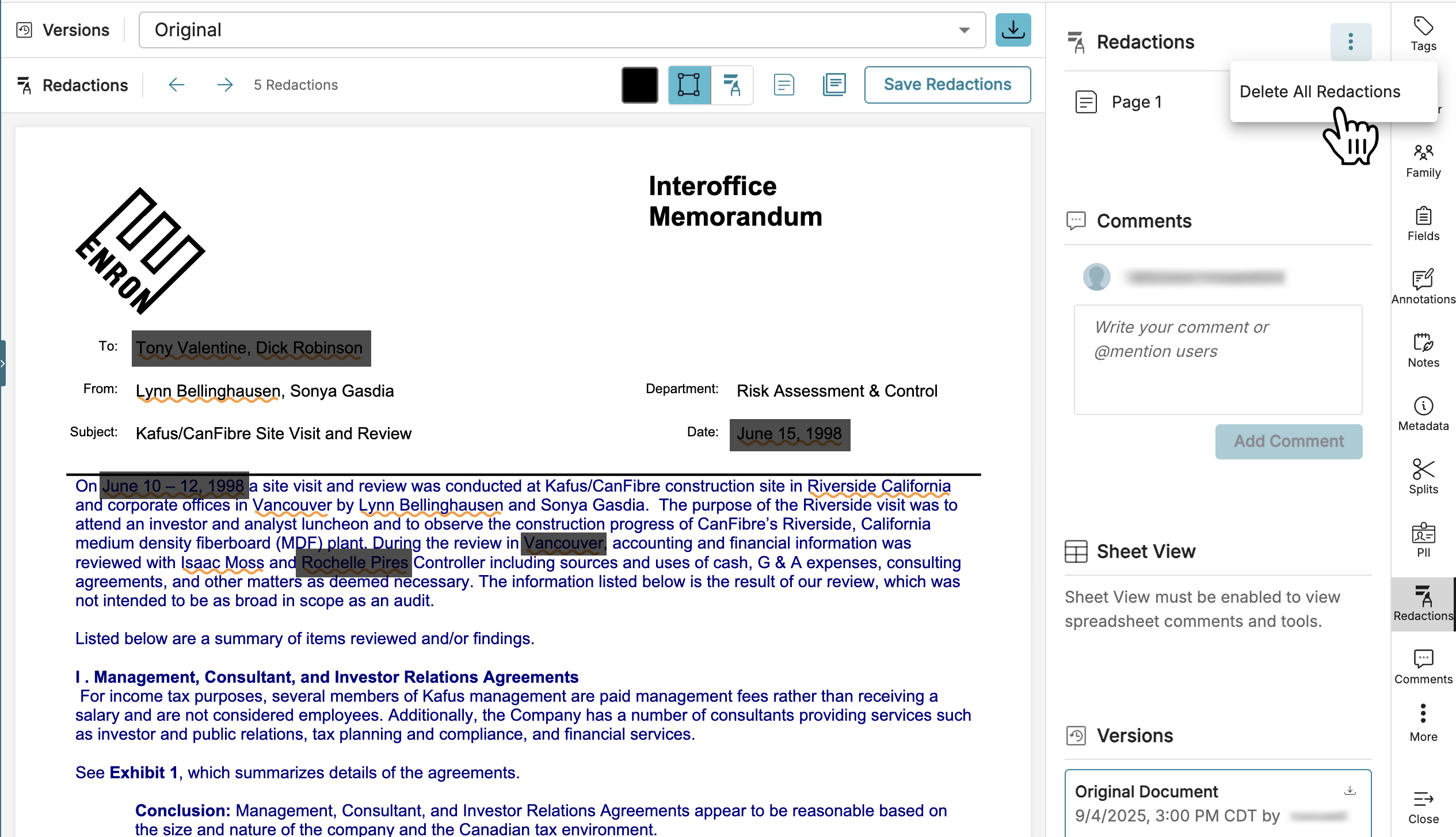Interoffice memorandum detailing a site visit and review of Kafus/CanFibre project.